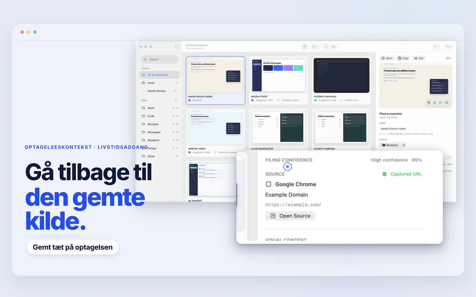 Screen Index viser en gemt Chrome-kildeadresse og handlingen Åbn kilde