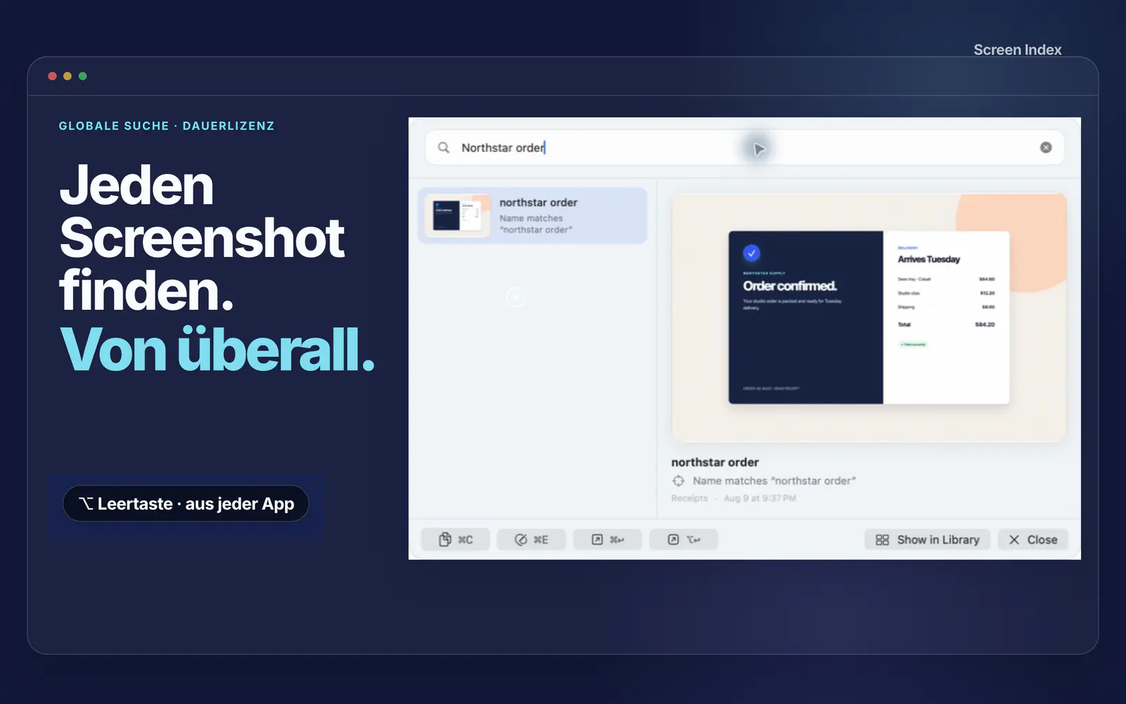 Global Recall sucht aus einer beliebigen Mac-App nach einer Northstar-Bestellung und findet den passenden Beleg