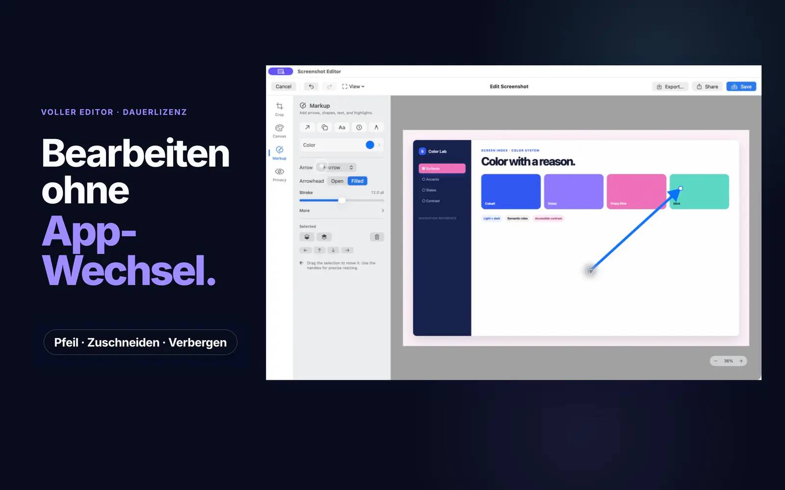Der Screen-Index-Editor fügt einen Pfeil hinzu und zeigt Werkzeuge für Zuschnitt, Canvas, Markup und Datenschutz