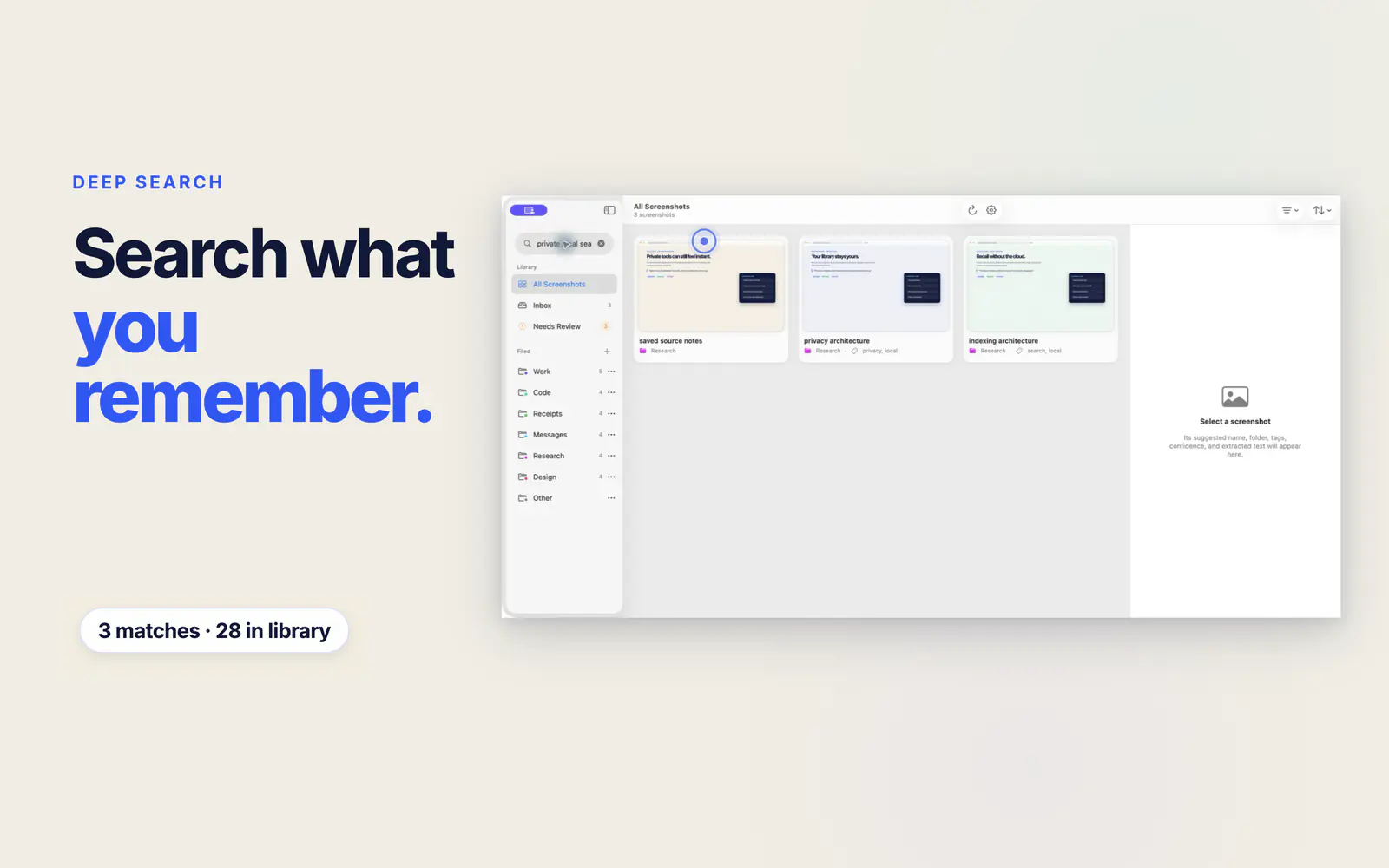 Screen Index screenshot search shown across two Mac screens