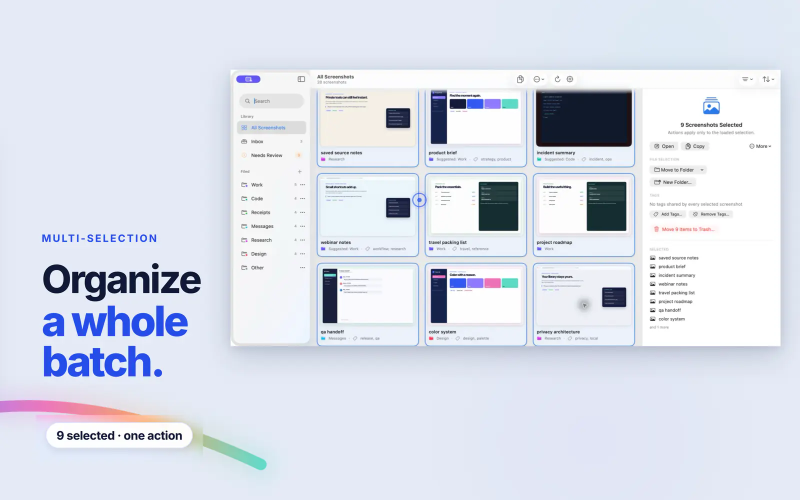 Screen Index showing screenshots stored in real Finder folders