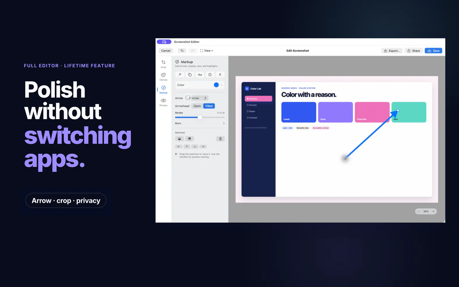 Screen Index screenshot editor with crop, canvas, markup, and privacy tools