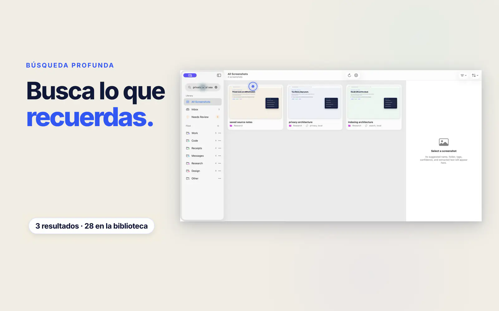 La biblioteca de Screen Index muestra tres capturas que coinciden con una frase recordada