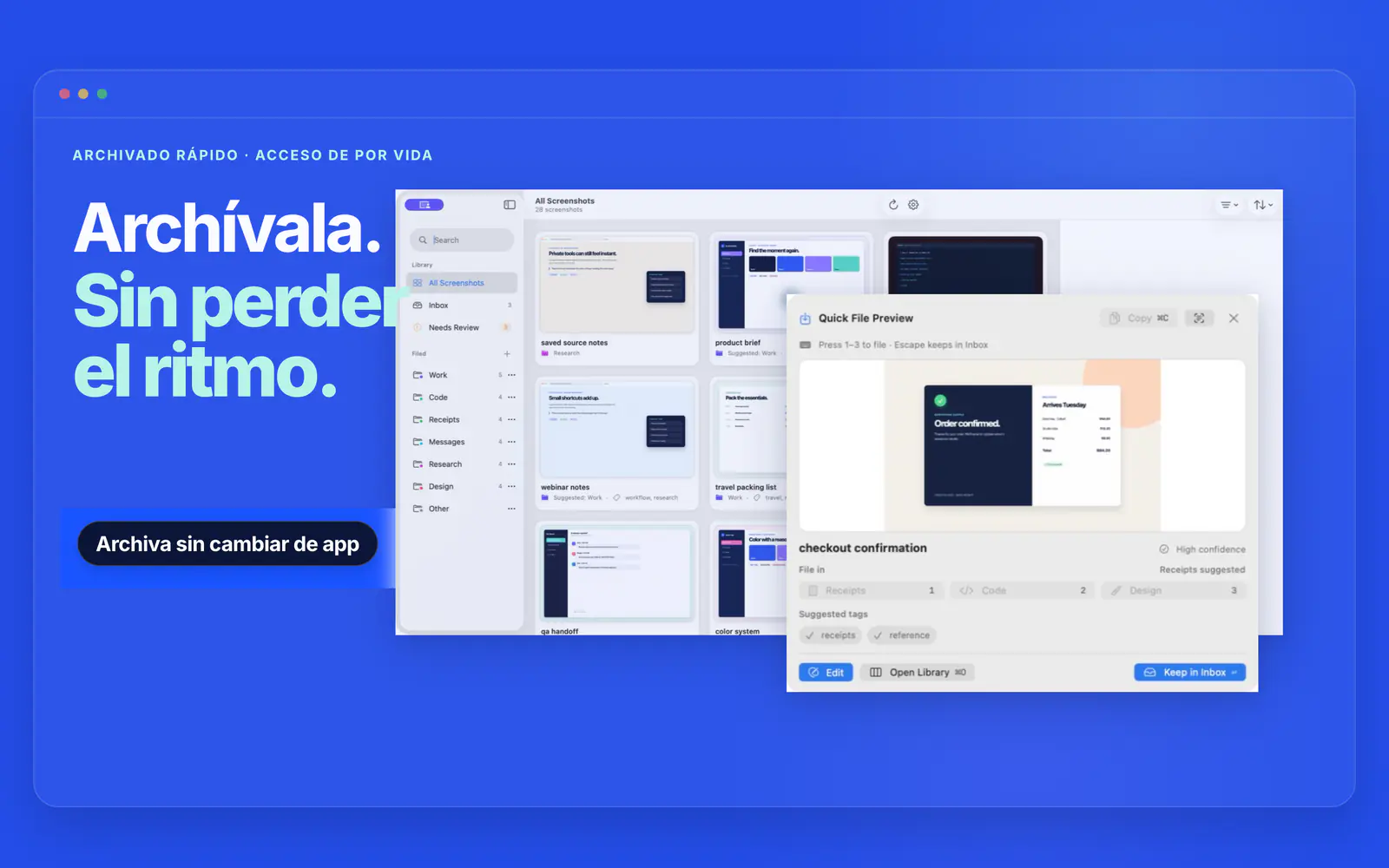 Quick File sugiere la carpeta Recibos y etiquetas para una captura de confirmación de compra