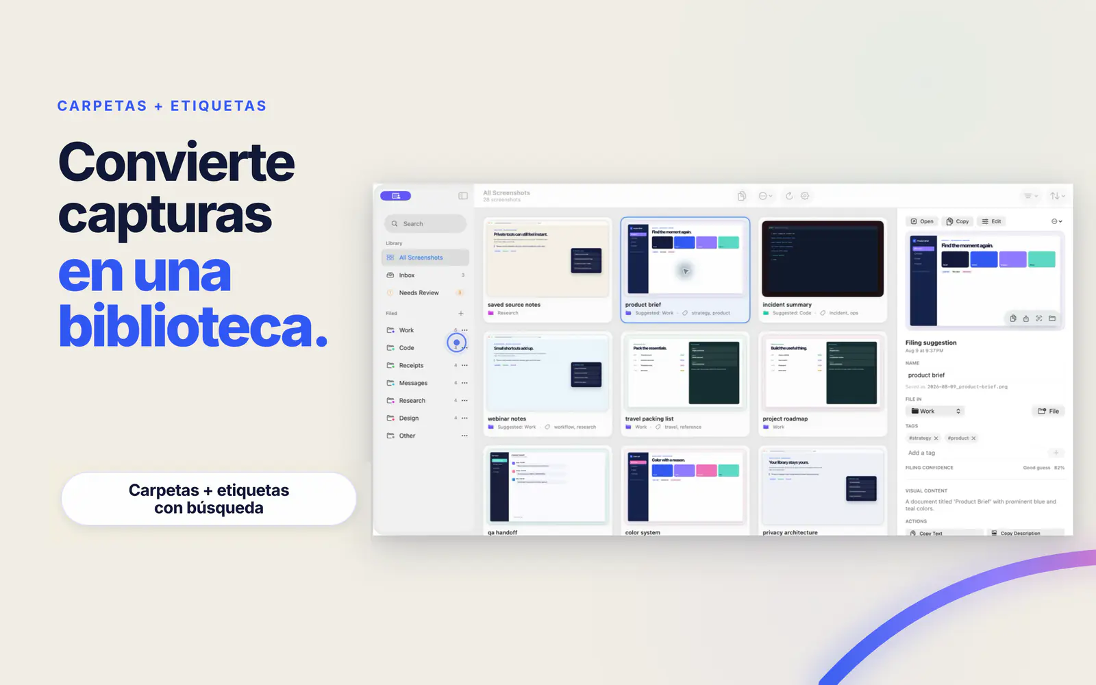 Screen Index muestra carpetas del Finder, etiquetas y una sugerencia de archivo para la captura elegida