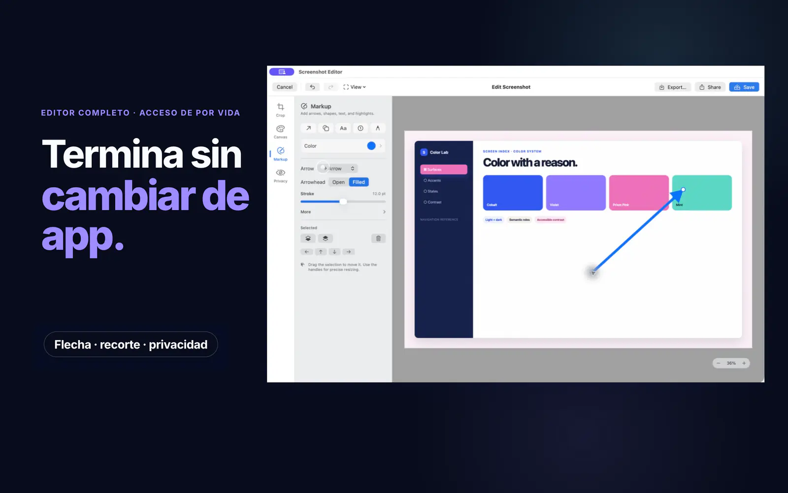 El editor de Screen Index añade una flecha con herramientas de recorte, lienzo, marcado y privacidad