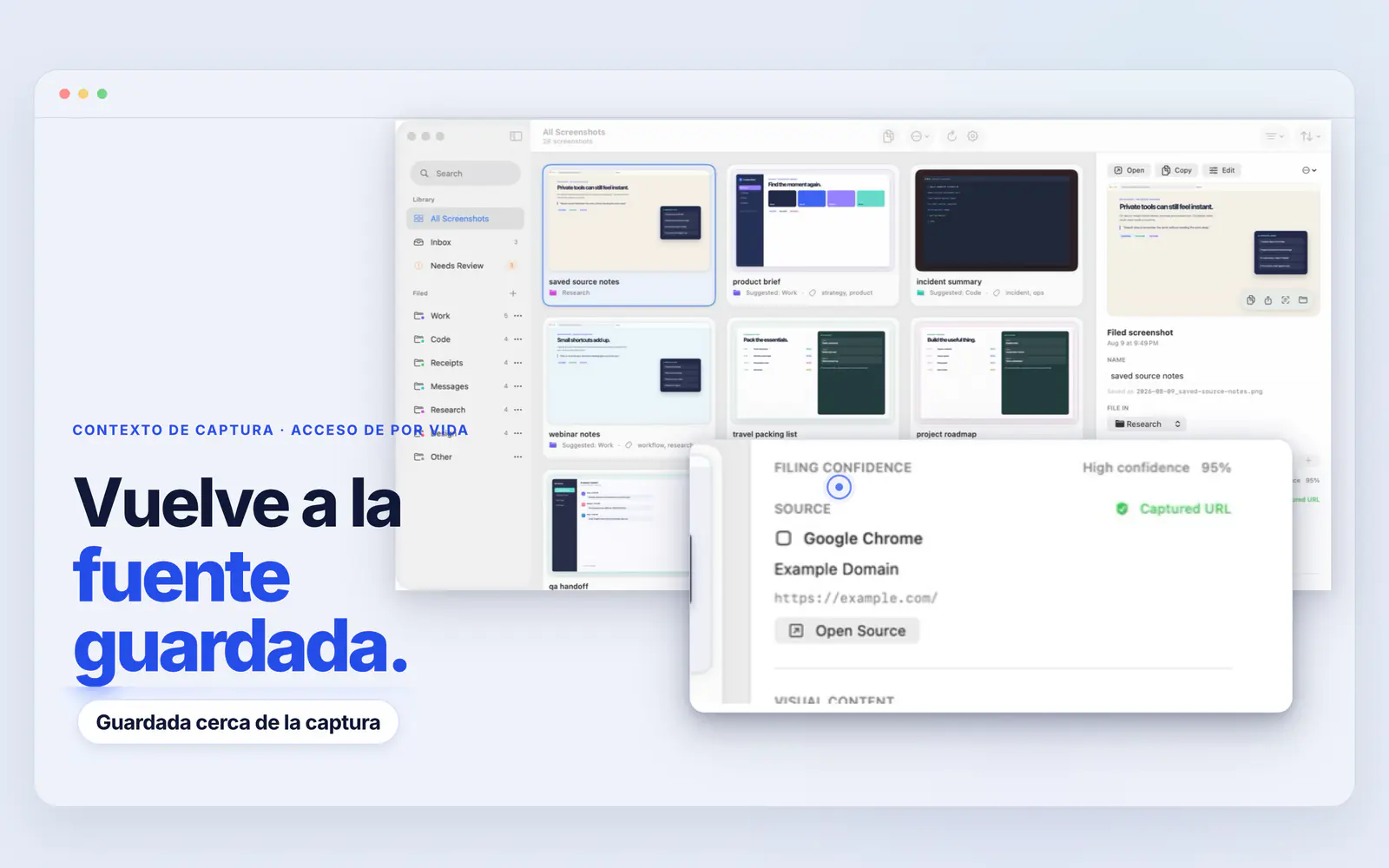 Screen Index muestra una URL de Chrome guardada y una acción para abrir la fuente