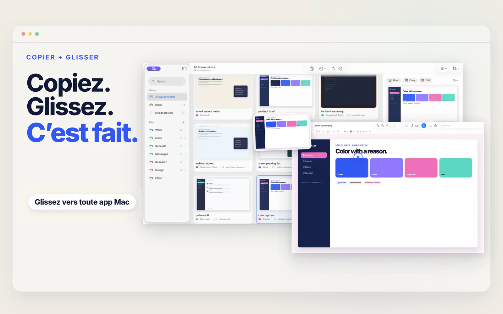 Une capture est glissée depuis Screen Index vers une autre app Mac