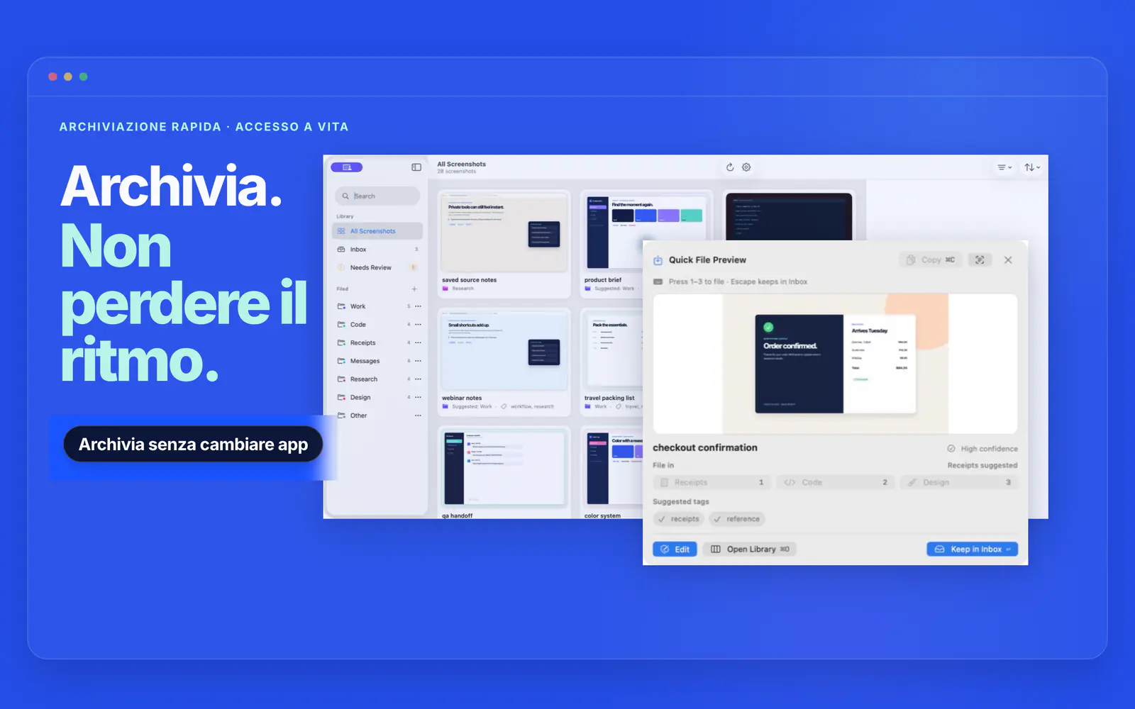 Quick File suggerisce la cartella Ricevute e tag ricercabili per uno screenshot di acquisto