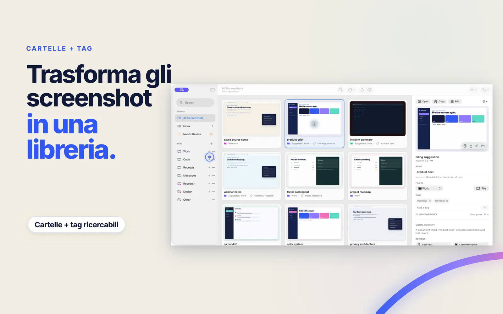 Screen Index mostra cartelle Finder, tag e un suggerimento di archiviazione per lo screenshot selezionato