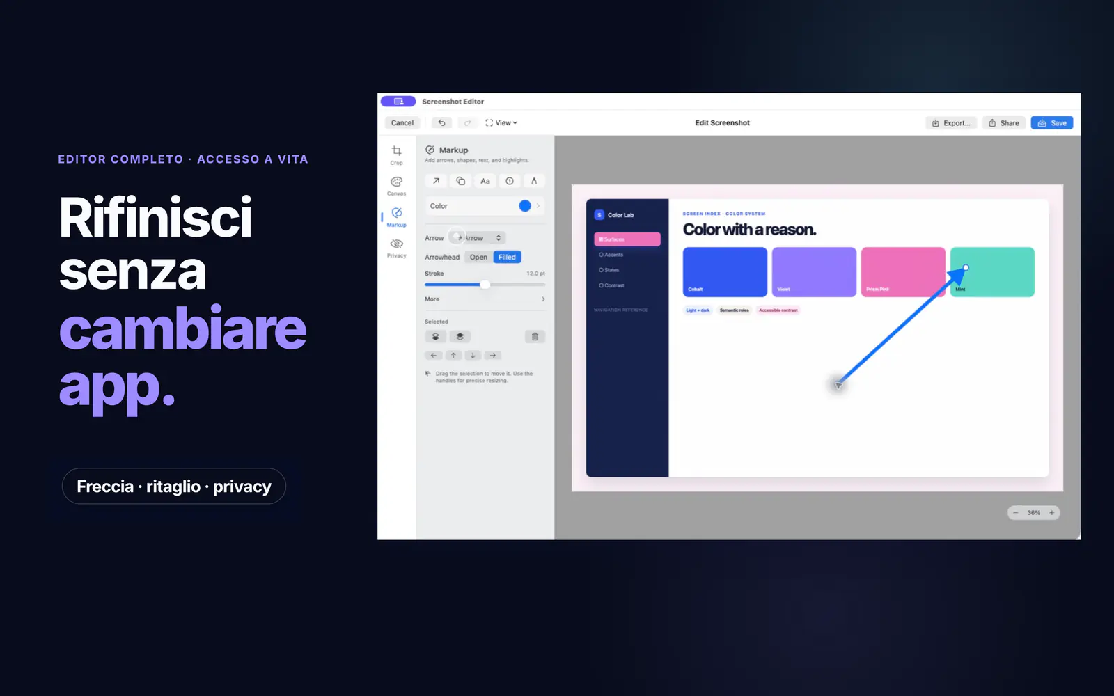 L’editor Screen Index aggiunge una freccia con strumenti di ritaglio, tela, annotazione e privacy