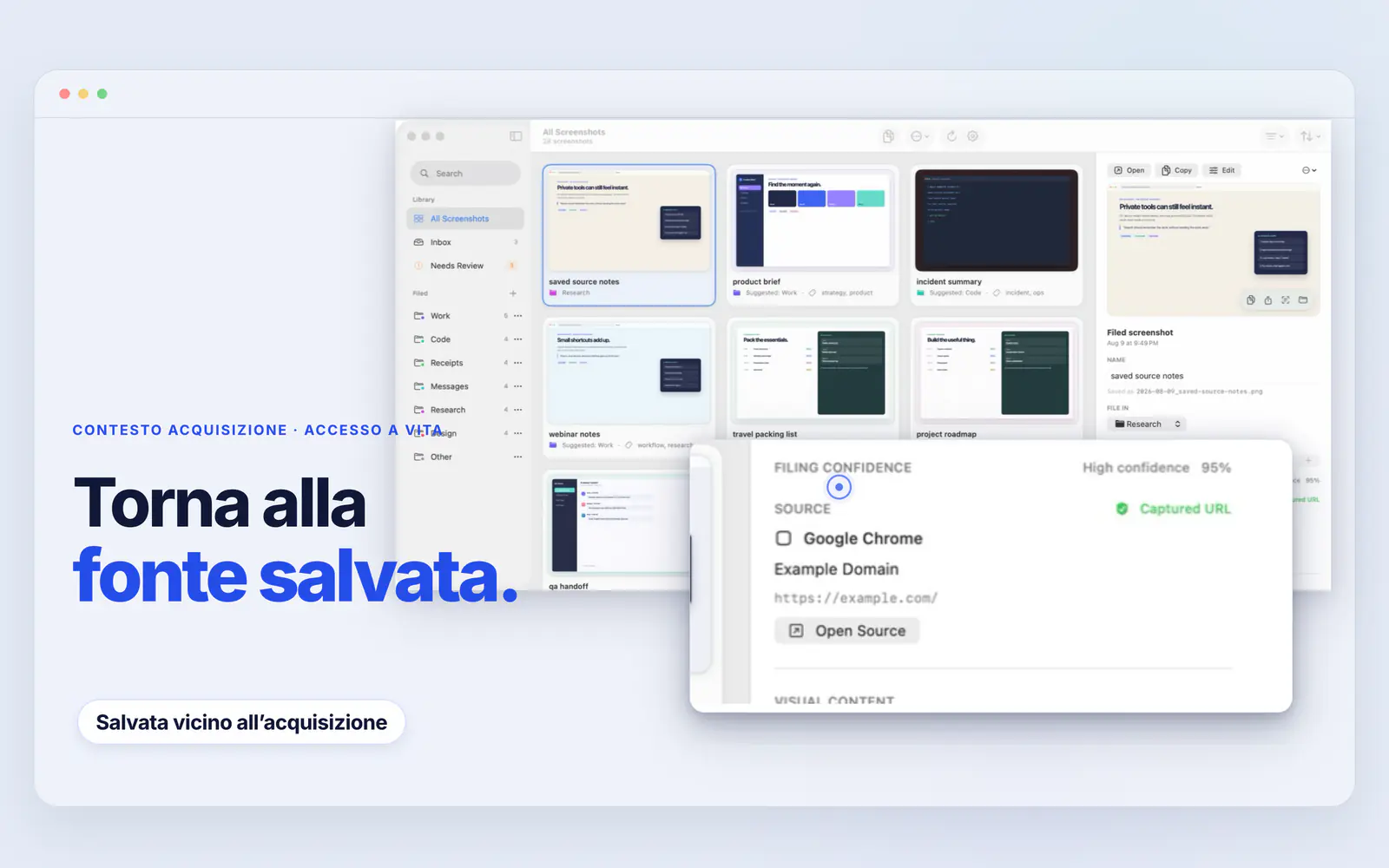 Screen Index mostra un URL sorgente di Chrome salvato e il comando per aprire la fonte