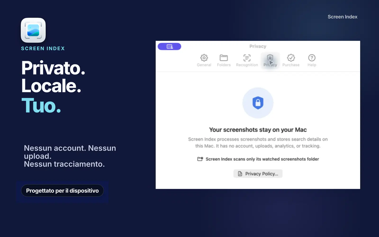 Le impostazioni Privacy spiegano che screenshot e dati di ricerca restano sul Mac