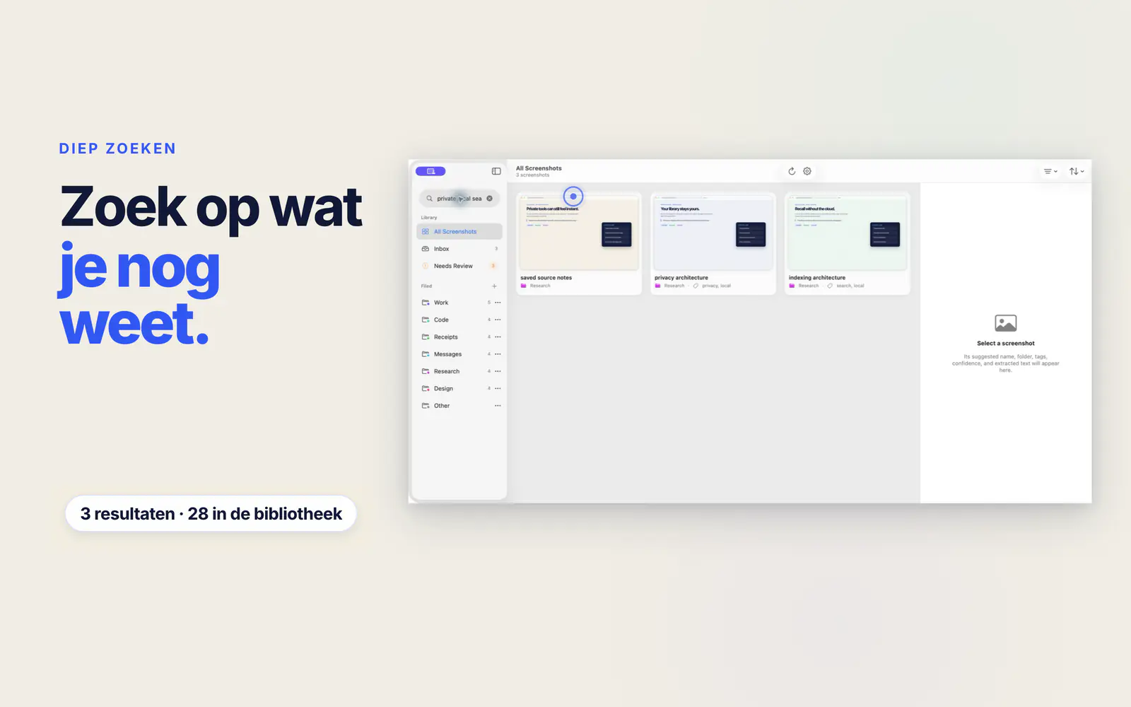 De Screen Index-bibliotheek toont drie screenshots die bij een herinnerde zin passen