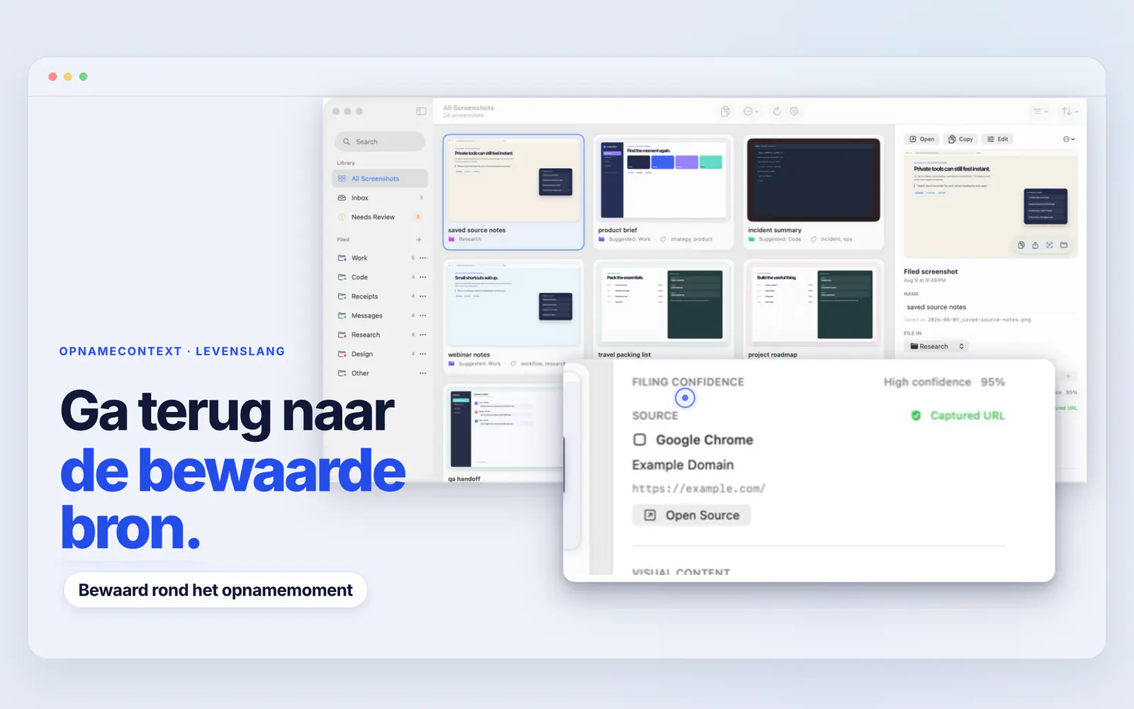 Screen Index toont een bewaarde Chrome-bron-URL en de actie om de bron te openen