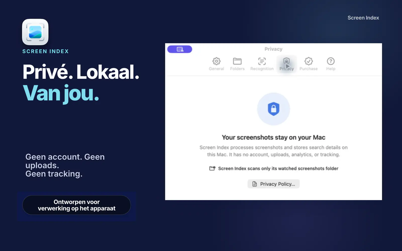De privacy-instellingen leggen uit dat screenshots en zoekgegevens op de Mac blijven