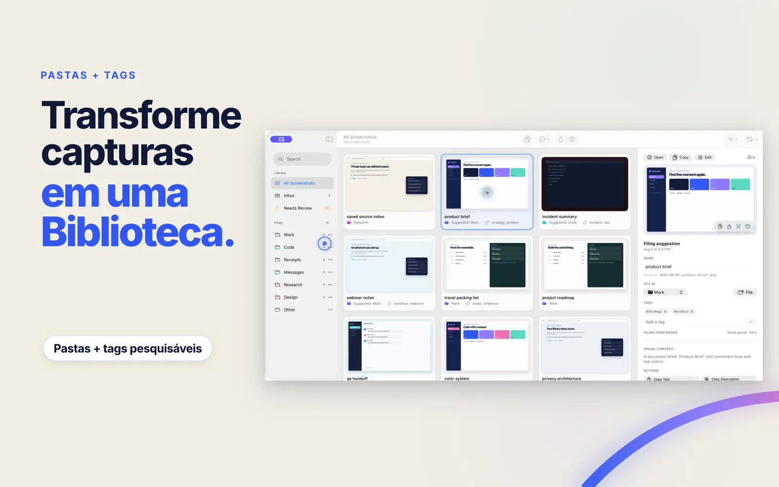 O Screen Index mostra pastas do Finder, tags e uma sugestão de arquivamento para a captura selecionada