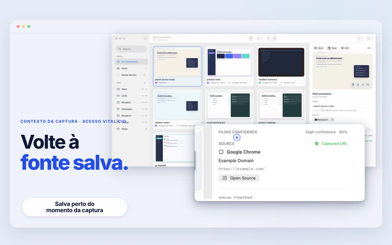 O Screen Index mostra uma URL de origem do Chrome salva e a ação para abrir a fonte