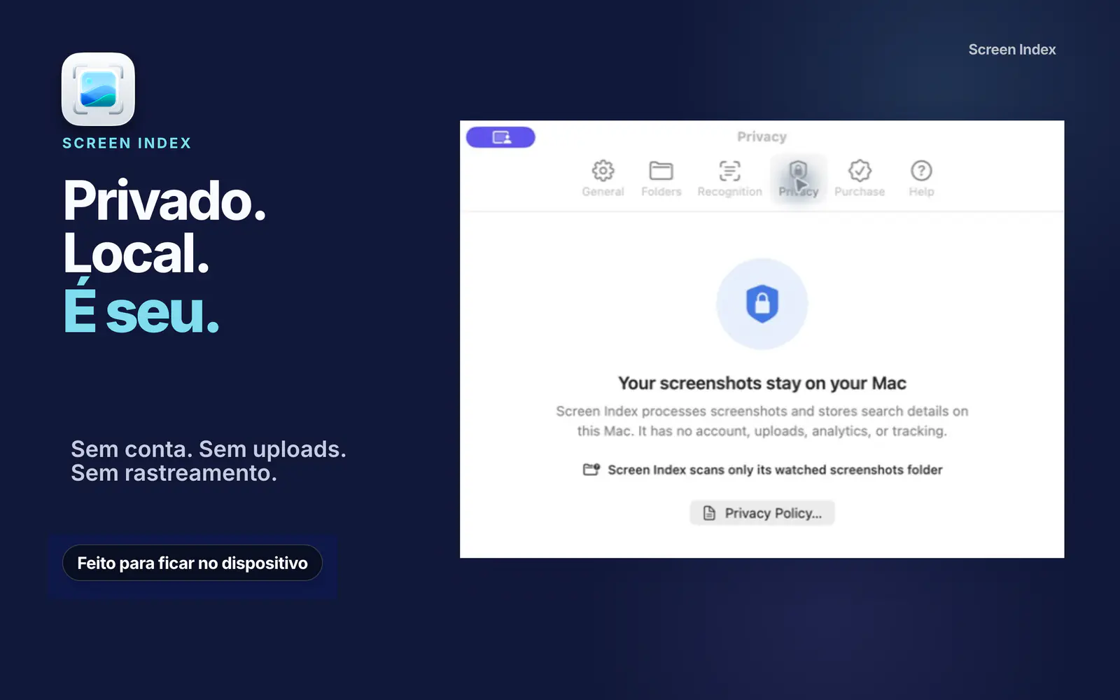 Os ajustes de privacidade explicam que capturas e dados de busca permanecem no Mac