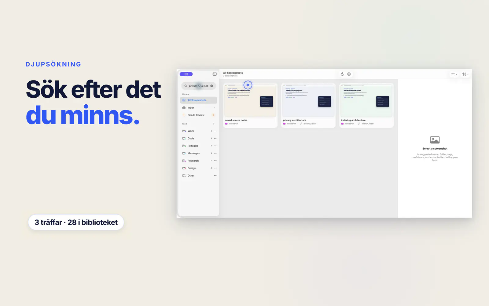 Screen Index-biblioteket visar tre skärmbilder som matchar en ihågkommen fras