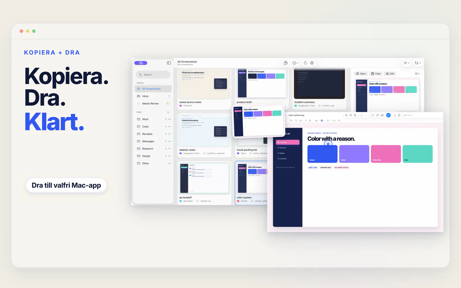 En skärmbild dras från Screen Index till en annan Mac-app