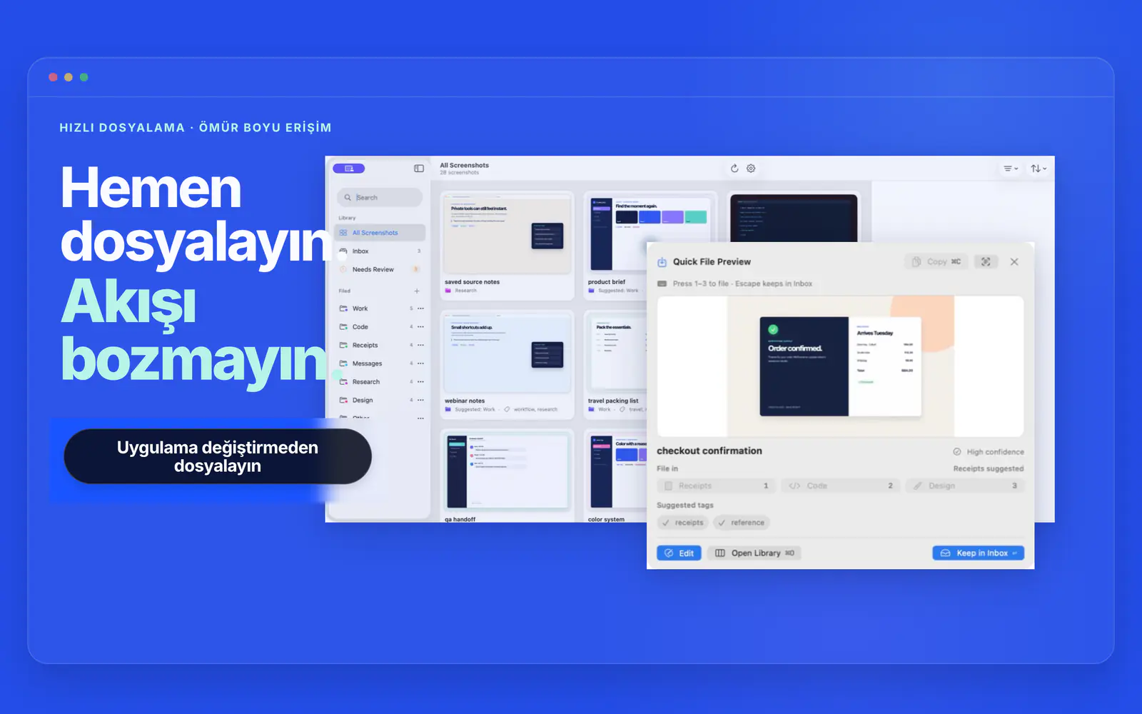 Quick File bir satın alma ekran görüntüsü için Makbuzlar klasörü ve aranabilir etiketler öneriyor