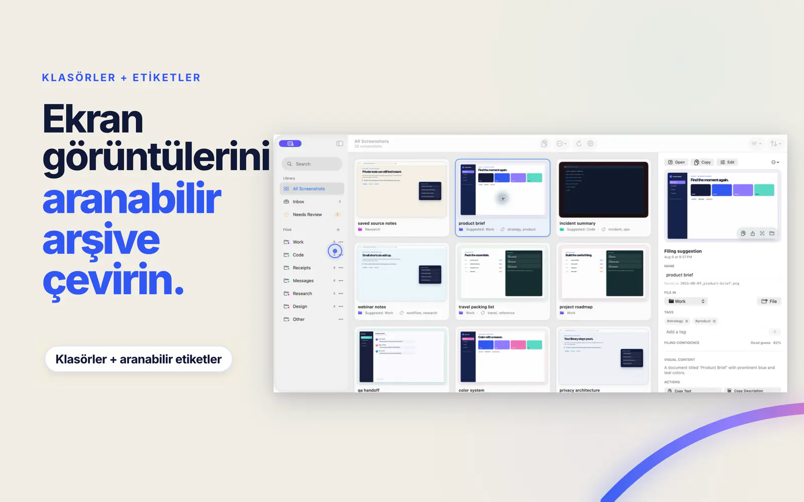 Screen Index, Finder klasörlerini, etiketleri ve seçili ekran görüntüsü için dosyalama önerisini gösteriyor