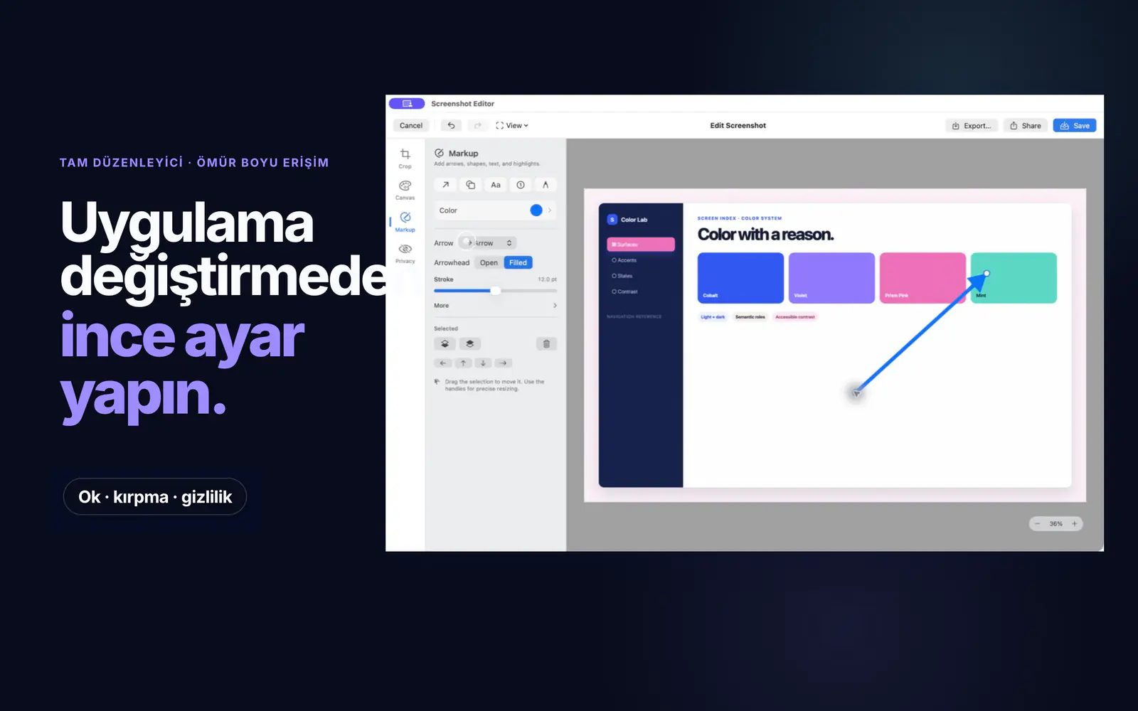 Screen Index düzenleyici kırpma, tuval, işaretleme ve gizlilik araçlarıyla bir ok ekliyor