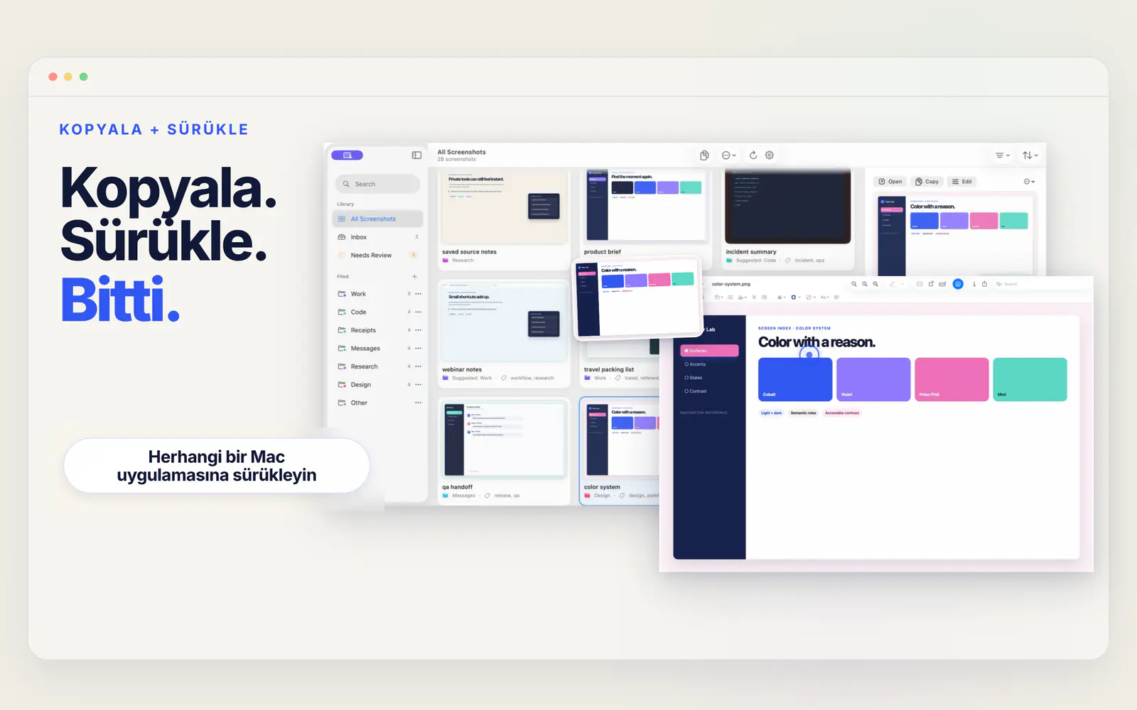 Bir ekran görüntüsü Screen Index’ten başka bir Mac uygulamasına sürükleniyor