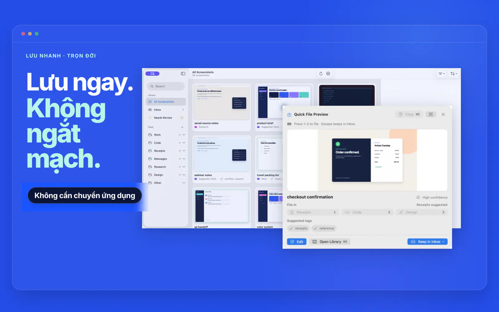 Quick File đề xuất thư mục Biên lai và thẻ có thể tìm kiếm cho ảnh xác nhận mua hàng