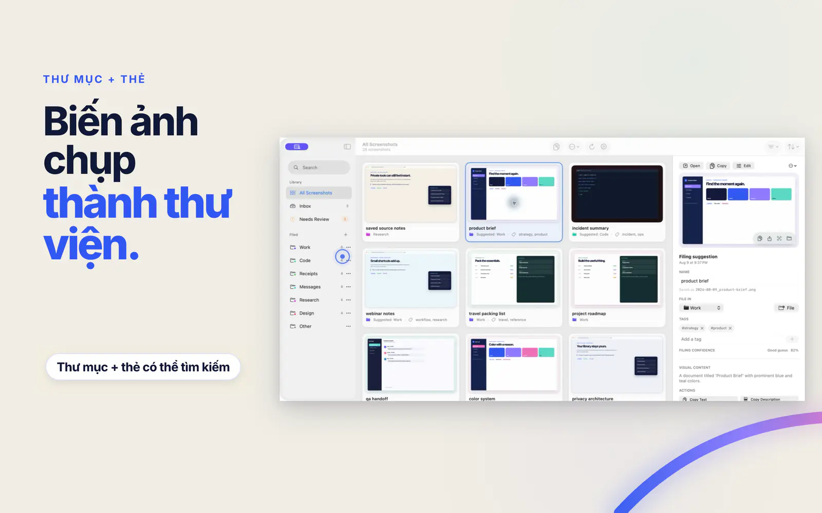 Screen Index hiển thị thư mục Finder, thẻ và đề xuất lưu cho ảnh chụp đã chọn