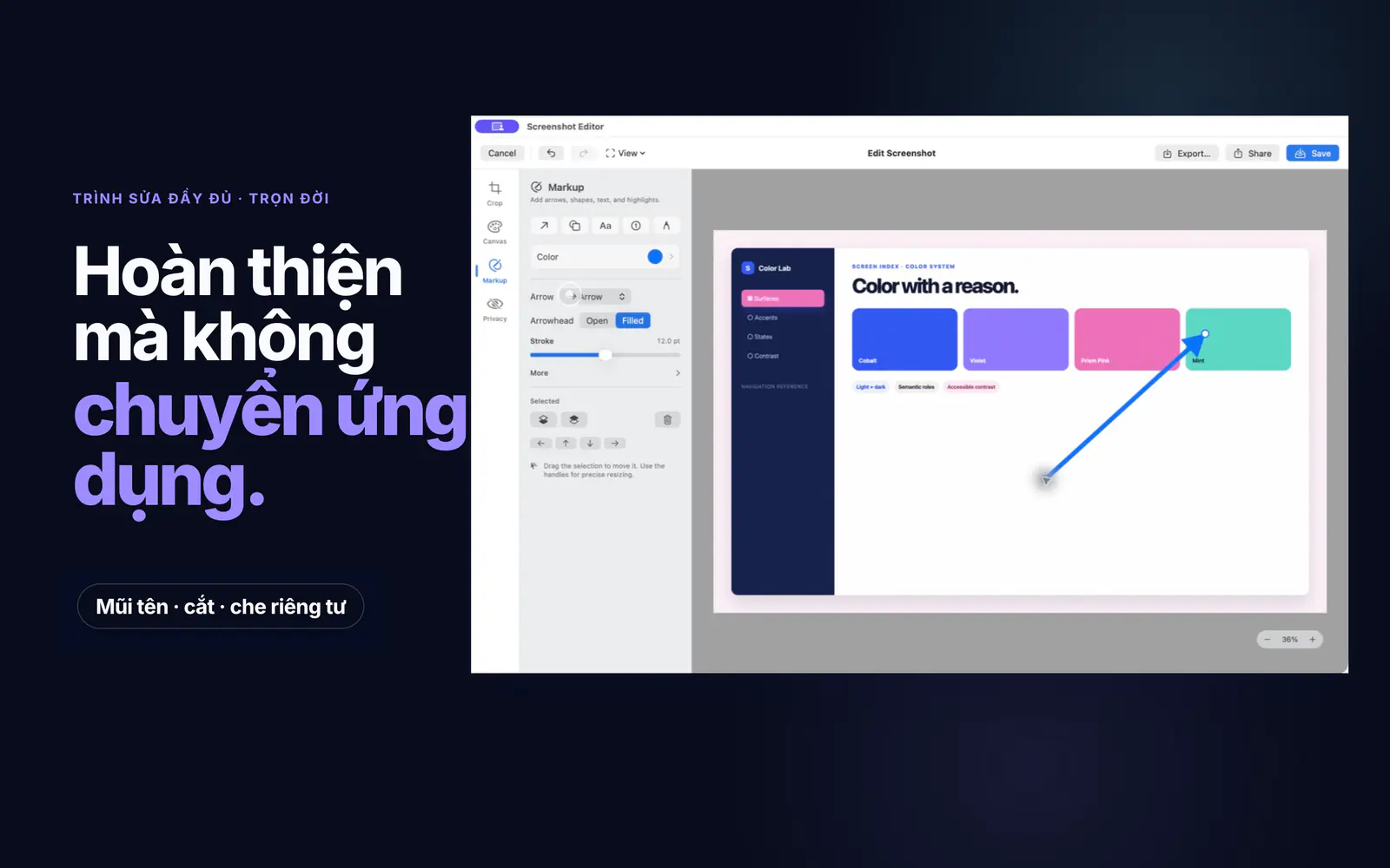 Trình sửa Screen Index thêm mũi tên bằng công cụ cắt, khung vẽ, đánh dấu và quyền riêng tư