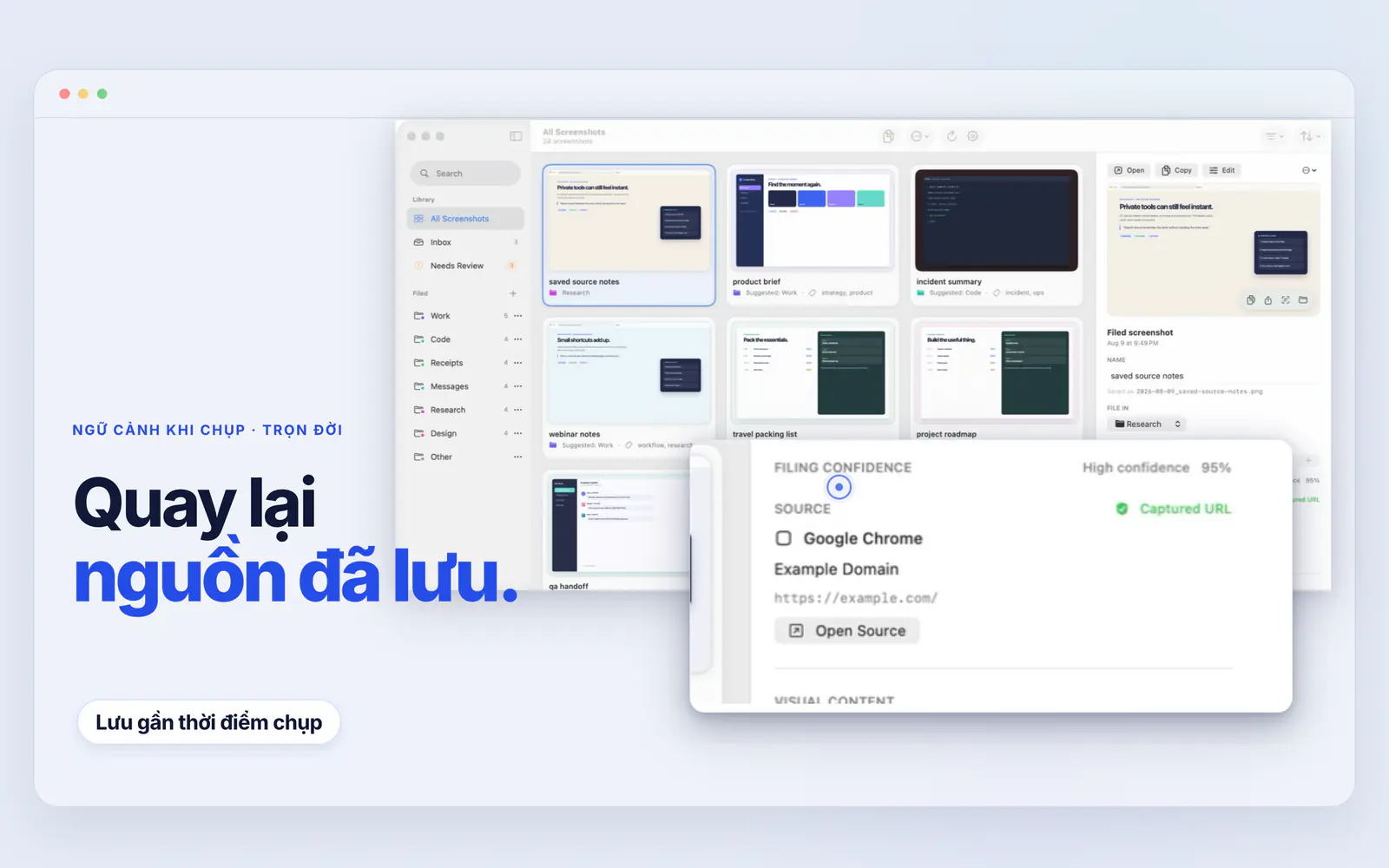 Screen Index hiển thị URL nguồn Chrome đã lưu và thao tác Mở nguồn