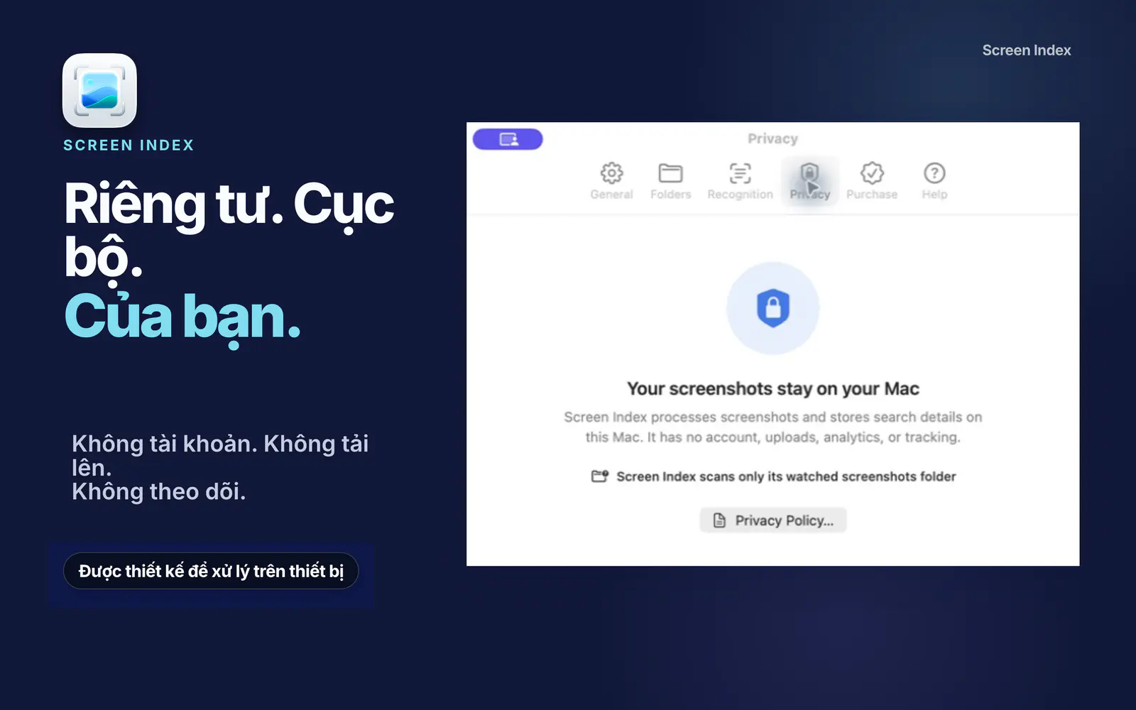 Cài đặt quyền riêng tư giải thích rằng ảnh chụp và dữ liệu tìm kiếm ở lại trên Mac